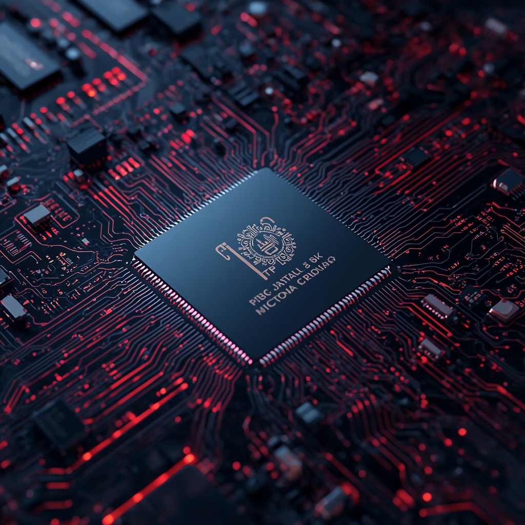 A high-tech microchip processor unit, showing intricate circuitry and neon lighting, 8k resolution, photorealistic, no people